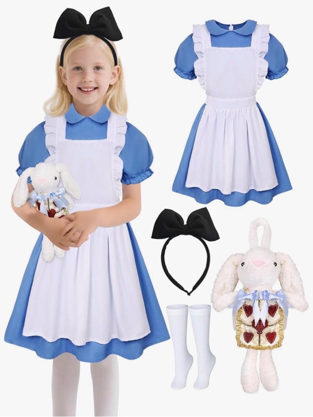Classic Alice-Inspired Blue & White Kids Costume with Bow Headband